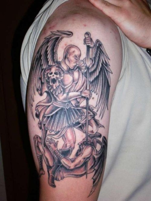 Angel And Devil Fight Tattoo On Right Half Sleeve