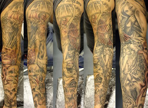 Grey Ink angel And Devil Tattoo On Sleeve For Guys