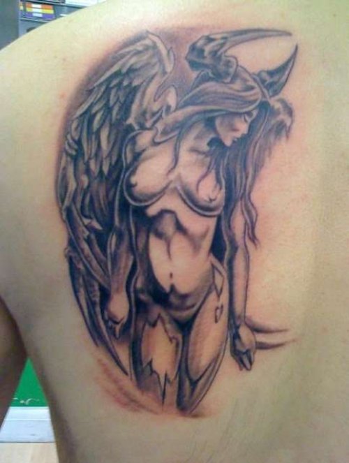 Back Shoulder Grey Ink Devil Tattoo