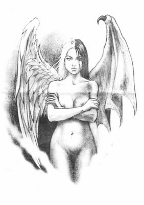 Grey Ink Girl With Angel Wing And Devil Wing Tattoo Design