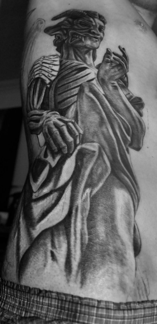 Grey Ink Devil Tattoo On Side Rib