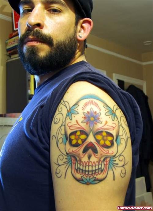 Coloured Dia De Los Muertos Tattoo On Shoulder