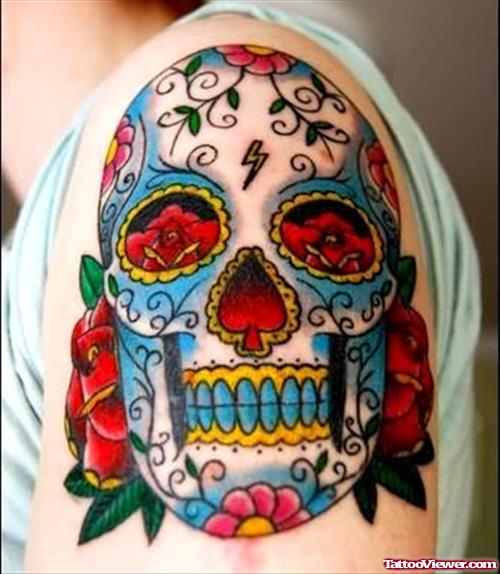 Dia De Los Muertos Suagr Skull Tattoo On Shoulder