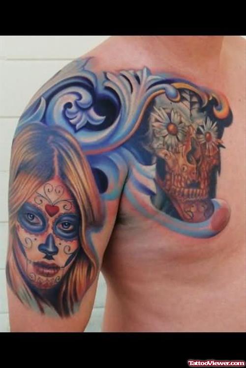 Dia De Los Muertos Girl Tattoo On Shoulder