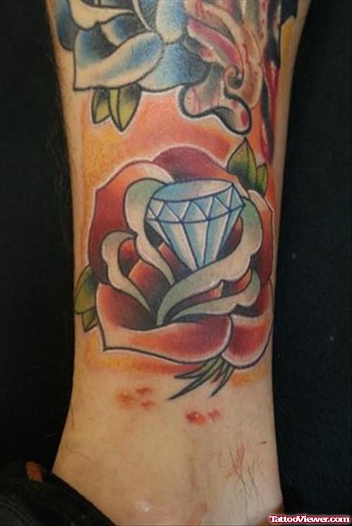 Rose And Diamond Tattoo on Ankle