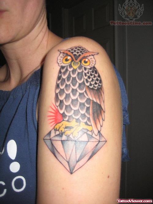 Owl And Diamond Tattoo On Sleeve