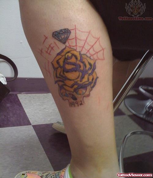 Spider Web And Diamond Tattoo on Leg