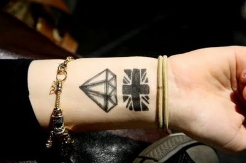 Flag And Diamond Tattoo On Wrist