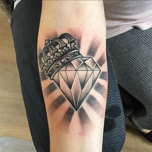 Realistic Grey Crown And Diamond Tattoo On Sleeve