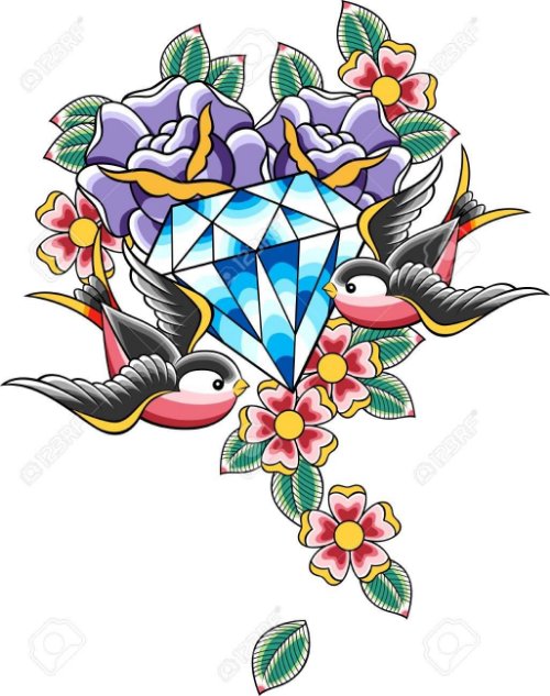 Flying Birds And Diamond Tattoo Design