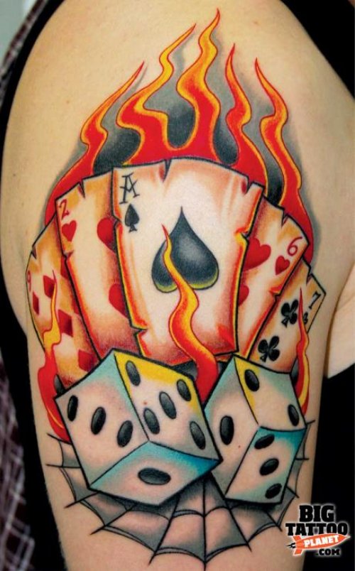 Colored flaming Cards And Dice Tattoos On Half Sleeve