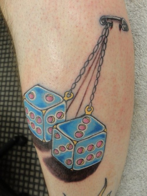 Blue Ink Dice Hanging Tattoo