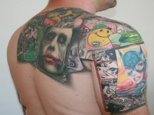 Color Ink Dice Tattoo On Man Upperback