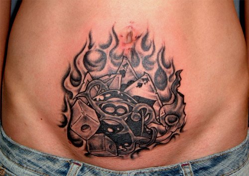 Flaming Dice Tattoos On Belly