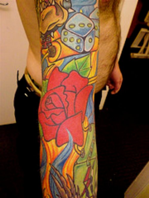 Red Rose And Dice Tattoos On Sleeve