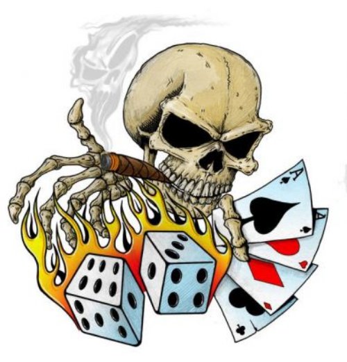 Skull With Playing Cards And Flaming Dice Tattoos Design