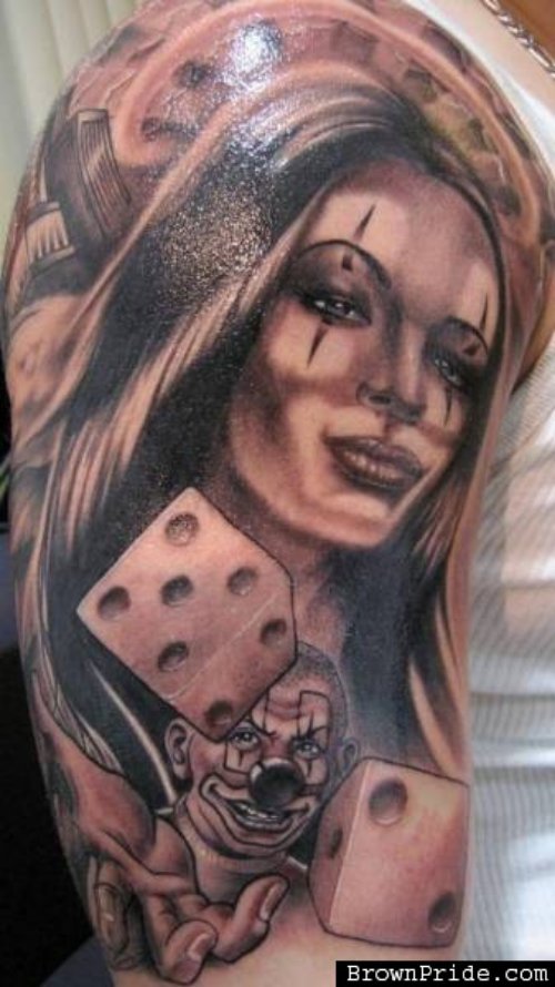 clown Girl Head And Dice Tattoos