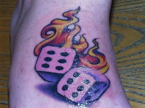 Awful Flaming Dice Tattoos On Leg