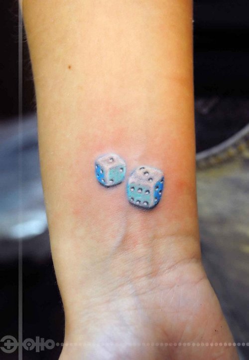 Blue Ink Dice Tattoos On Wrists