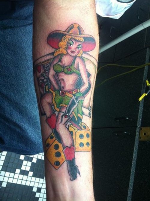 Colored Clown Girl And Dice Tattoos On Sleeve