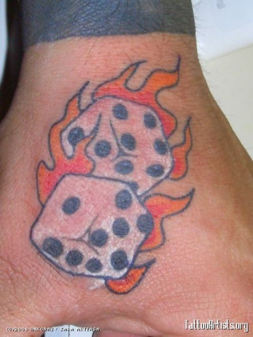Flaming Dice Tattoos On Left Hand