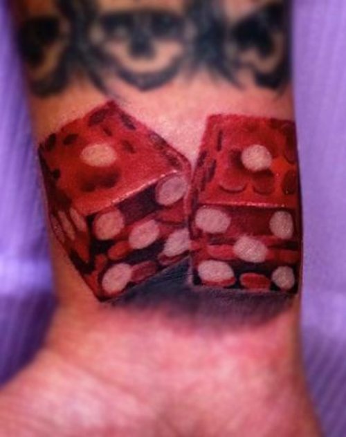 Red Ink Dice Tattoo On Right Wrist