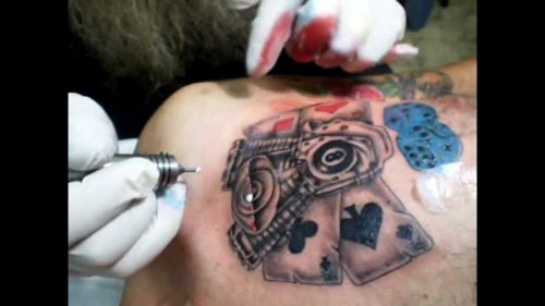 Unique Blue Dice Tattoos On Left Back Shoulder