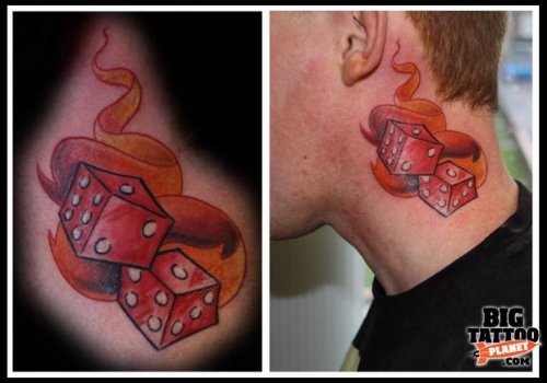Amazing Flaming Dice Tattoos On Side Neck