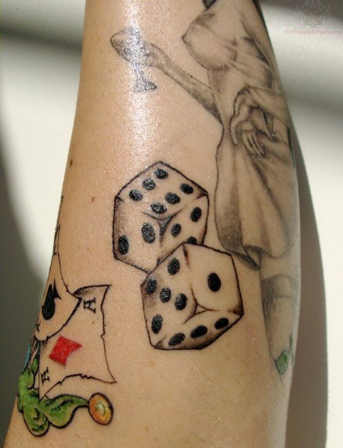 Attractive Grey Ink Dice Tattoos On Arm