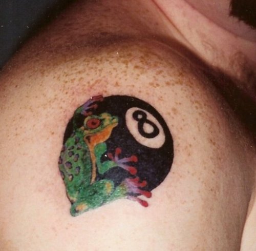 Frog And Eightball Tattoo On Right Shoulder