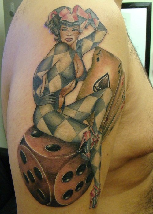 Right Shoulder Clown And Dice Tattoo