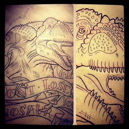 Grey Ink Banner And Dinosaur Tattoo Design