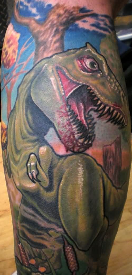 Nice Color Ink Dinosaur Tattoo On Back Leg