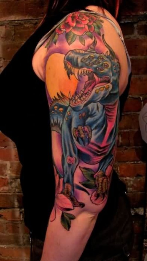 Girl Left Sleeve Dinosaur Tattoo