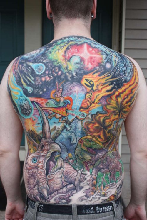 Colored Dinosaur Tattoo On Back Body