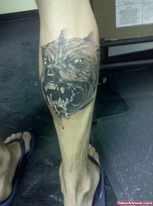 Evil Pit Dog Tattoo On Leg