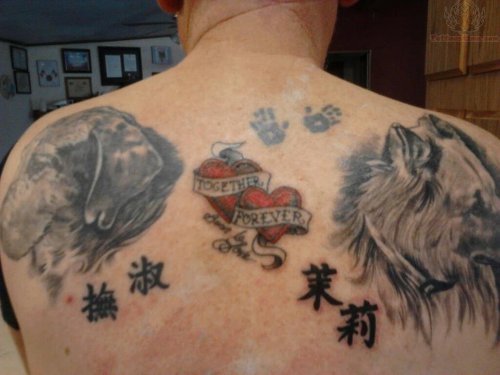 Banner Hearts And Dog Portraits Tattoos On Back Shoulders