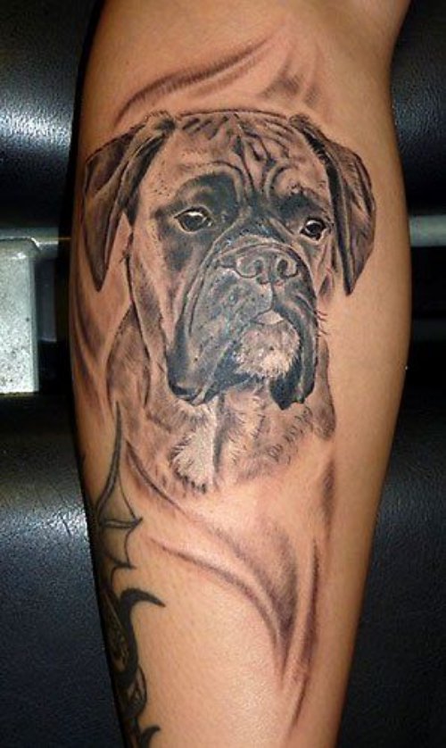 Amazing Grey Ink Dog Tattoo On Sleeve