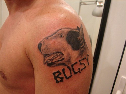 Dog Tattoo On Man Left Shoulder