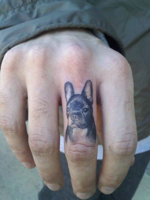 Awesome Black Ink Dog Head Tattoo On Middle Finger