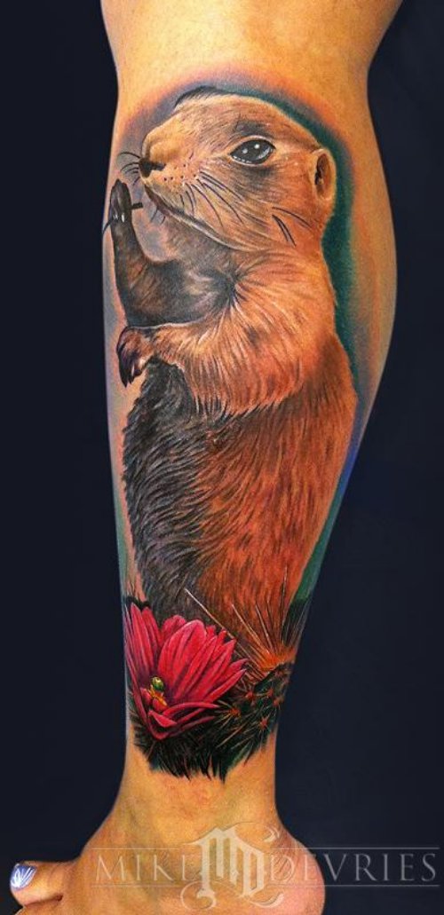 Flowers And Prairie Dog Tattoo On Leg