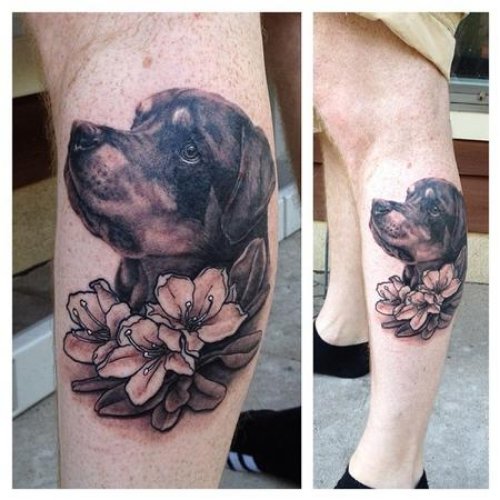 Flower And Dog Tattoo On Left Leg