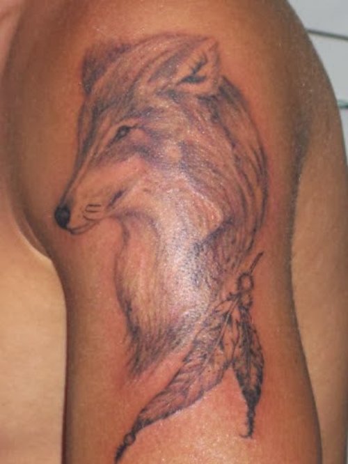 Grey Ink Dog Tattoo On Left Shoulder