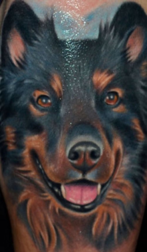 Beautiful Color Ink Dog Head Tattoo