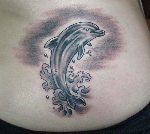 Grey Dolphin Tattoo On Lower Back