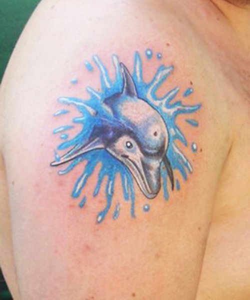 Dolphin With Water Splash Tattoo On Shoulder
