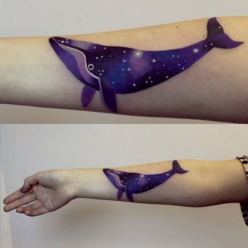 Watercolor Space Dolphin Tattoo On Forearm