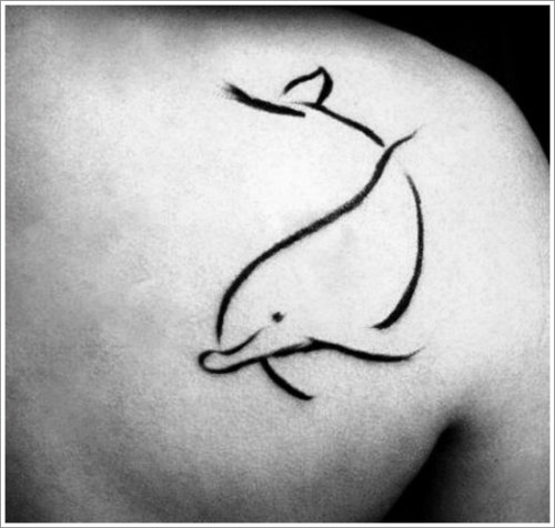 Black outline Dolphin Tattoo On Back Shoulder