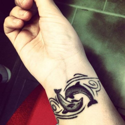 Black And Grey Dolphin Tattoos On Wrist