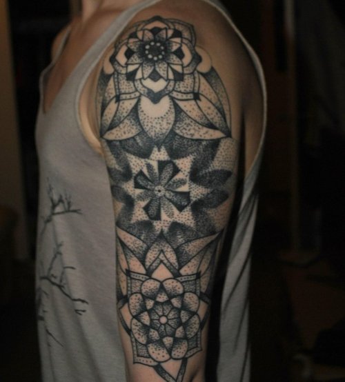 Grey Ink Geometric Dotwork Tattoo On Left Half Sleeve